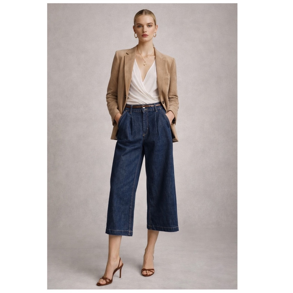 ELEVENTY Women’s Size 2 Dark‎ Wash High-Rise Pleated Wide-Leg Crop Gaucho Jeans